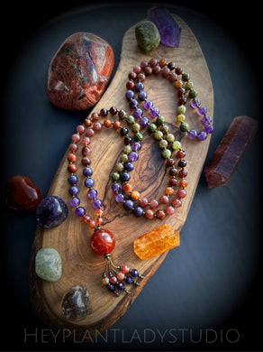 Autumn Leaves - Amethyst + Lepidolite + Strawberry Quartz, Hematoid Quartz + Hessonite Garnet + Green Garnet + Epidote 108 Mala Bead Necklace - Carnelian Guru - Mystic Carnelian + Amethyst Beaded Tassel