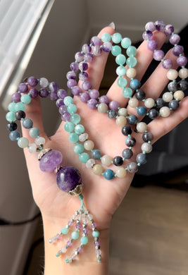 Trolleite Mala Necklace - 108 Gemstone Mala Necklace - Double Amethyst Guru + Fluorite + Amethyst + Amazonite Tassel