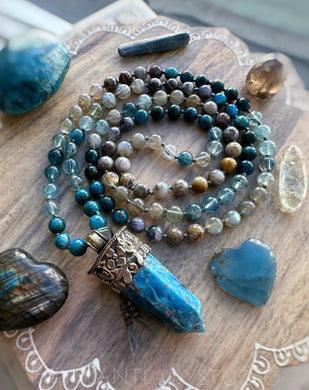 Motivation + Personal Power - Apatite, Iolite, Labradorite, Bamboo Leaf Agate, Rutilated Quartz, Labradorite 108 Mala Necklace - Tibetan Style Apatite Point