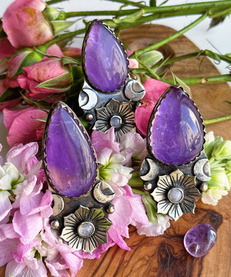 YOU PICK - Amethyst Teardrop + Rainbow Moonstone Moonflower Rings - Adjustable Sizes 5-15