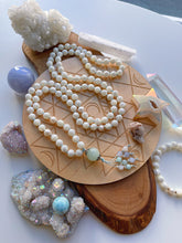 Load image into Gallery viewer, RESERVED - Express shipping - Mother of Pearl, Blue Chalcedony, Aquamarine, Freshwater Pearl, Moonstone, Karen Hill Tribe Silver - 108 Mala Necklace + Bracelet