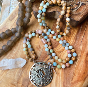 Tranquility Mala Necklace - Amazonite + Picture Jasper + Tibetan Ashtamangala Pendant