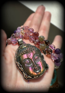 Feeling Zen - Amethyst, Citrine, Quartz, Smoky Quartz, Strawberry Quartz, Labradorite 108 Mala Necklace - Tibetan Style Purple Flash Labradorite Buddha Carving