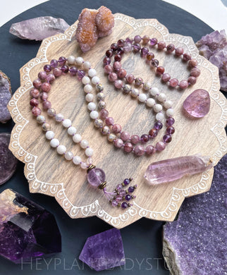 Heart of Joy - Kunzite, Aura Amethyst, Mystic Silverite, Phantom Amethyst, Moonstone, Rose Quartz 108 Mala Bead Necklace + Lavender Amethyst Guru - Fluorite + Amethyst Beaded Tassel