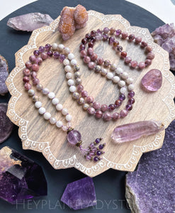 Heart of Joy - Kunzite, Aura Amethyst, Mystic Silverite, Phantom Amethyst, Moonstone, Rose Quartz 108 Mala Bead Necklace + Lavender Amethyst Guru - Fluorite + Amethyst Beaded Tassel