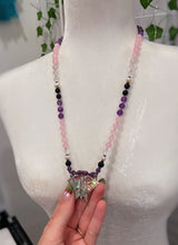 Load image into Gallery viewer, RESERVED - Butterfly Mala, mother of Pearl, black tourmaline, rose quartz, freshwater Pearl, and amethyst