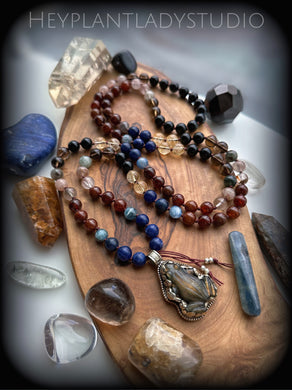 Labradorite Chocolate Frog - Kyanite, Hessonite Garnet, Phantom Quartz, Sodalite, Smoky Quartz, Onyx, Citrine 108 Mala Bead Necklace