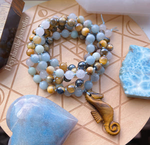 The Sandbar - Aquamarine + Mystic Blue Tigers Eye Gemstone Mala Necklace