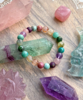 Sunset Meadow - Rubies, Amazonite, Prehnite, Thulite, Golden Rutile Quartz ,Ruby Zoisite, Aqua Terra Agate, Red Rutile Phantom Quartz Stretch Mala Bracelet