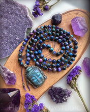Load image into Gallery viewer, Peaceful Buddha 108 Mala Necklace - Galaxy Tigers Eye + Amethyst + Blue Aura Quartz