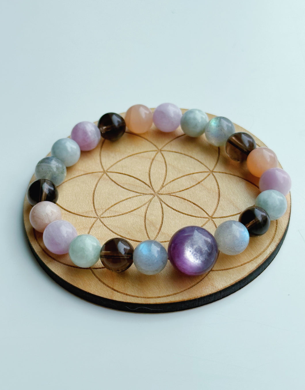 Reserved - Gem Lepidolite + Kunzite + Labradorite + Jade + Peach Moonstone Stretch Mala Bracelet