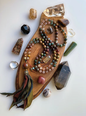 Grounding + Clarity 108 Mala Necklace - Guru + Hand Dyed Silk Tassel