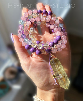 Happy Heart - Rainbow Inclusion Citrine, Rose Quartz Phosphosiderite, Citrine, Rainbow Fluorite 108 Mala Bead Necklace