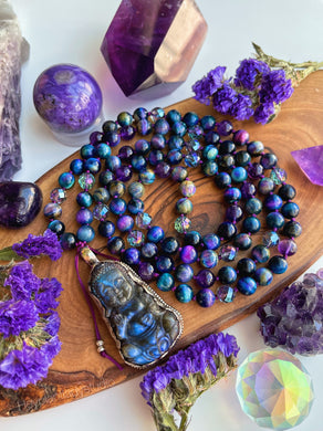 Peaceful Buddha -Tibetan Labradorite Buddha Carving - Galaxy Tigers Eye + AAA Amethyst + Blue Aura Quartz 108 Mala Necklace