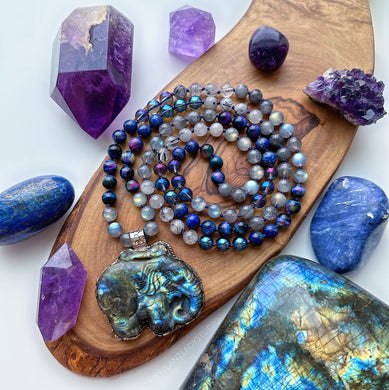 RESERVED  -  Labradorite Elephant Carving - 108 Mala Necklace