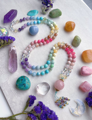 RESERVED - Joy in the Journey - 108 Rainbow Gemstone Mala Necklace + Rose Quartz Guru Bead