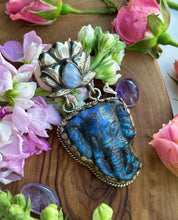 Load image into Gallery viewer, 80mm Labradorite Elephant + Rainbow Moonstone Lotus Pendant