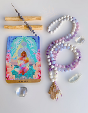 Divinely Blessed - Kunzite, Blue Lace Agate, Dream Amethyst, Mother of Pearl, & Howlite 108 Mala Bead Necklace - 24k Gold Overlay Hamsa + 24K Gold Rainbow Moonstone