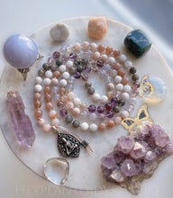 Load image into Gallery viewer, Dance of the Sun and Moon -  Peach Moonstone, Rainbow Moonstone, Labradorite, Flower Agate, Blue Chalcedony, Phantom Amethyst 108 Mala Necklace + 925 Sterling Silver Buddha