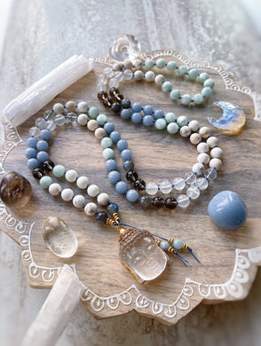 Divine Bliss  - 108 Mala Bead Necklace - 24k Gold Overlay Quartz Buddha