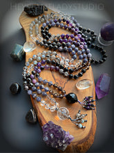 Load image into Gallery viewer, Third Eye Vision - AAA Iolite, AAA Smoky Quartz , Charoite, and AAA Tourmalinated Quartz 8mm 108 Mala Necklace