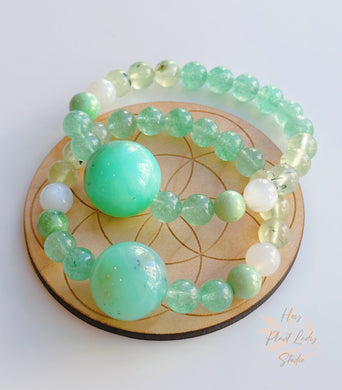 Luna Moth Bracelet - Chrysoprase + Strawberry Quartz + Prehnite + Moonstone + Green Garnet Stretch Mala Bracelet