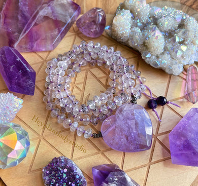 RESERVED-Peaceful Positive Energy - Gem Amethyst Heart + 108 Black Hematite Phantom Quartz