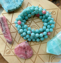 Load image into Gallery viewer, RESERVED Mala Necklace  - 108 - AAA Rhodochrosite, Amazonite, Gold Vermeil